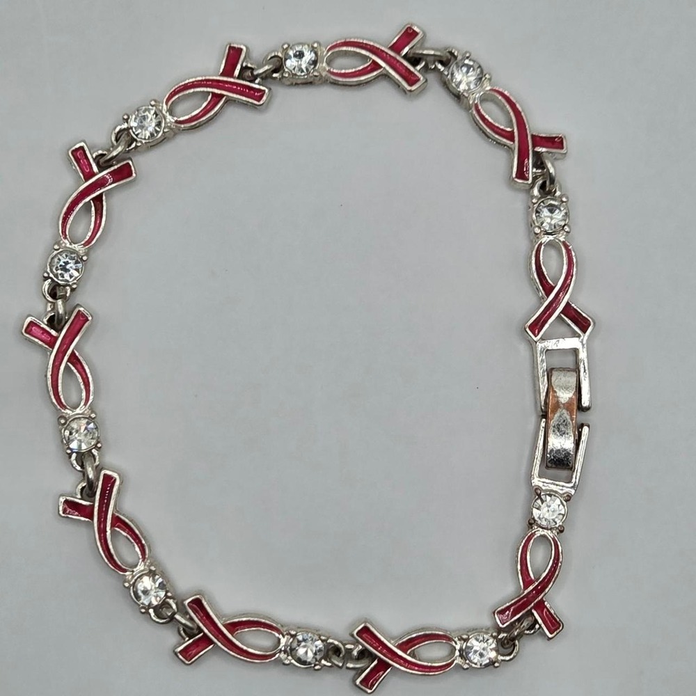 Avon Pink Ribbon Breast Cancer Awareness Bracelet 7" Silver Tone Rhinestone
